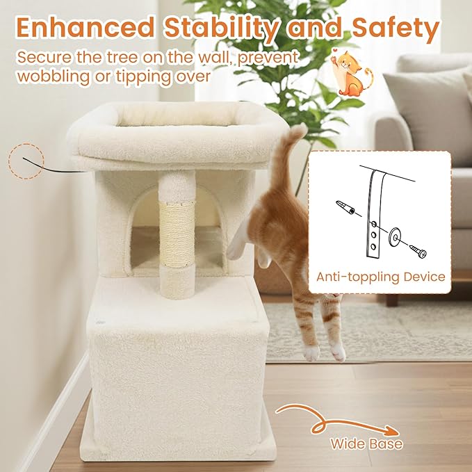 Tangkula Small Cat Tree for Indoor Cats, 25.5 Inch Cat Tower with Sisal Scratching Posts, 2 Large Cat Condos with Padded Top Perch, Modern Cat Climbing Furniture for Adult Cats & Kittens (Beige)