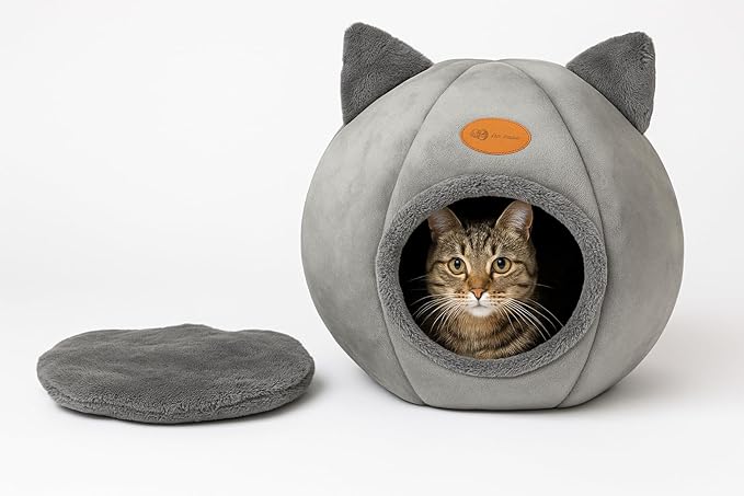 WNPL Cat Bed for Indoor Cats - Cat Bed Cave Washable, Soft Plush, Removable Pillow, Non-Slip Base, Large Cave with Toy Balls for Kitty and Small Animals (XL) 16x16x16 inch