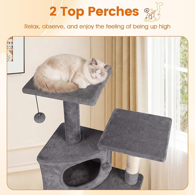 PETSITE 44-inch Multi-Level Cat Tree, Modern Cat Tower with Sisal Scratching Posts, Cozy Condo, Playful Cat Hole, Sisal Covered Ladder, and Dangling Ball, Ideal for Indoor Cats and Kittens (Grey)
