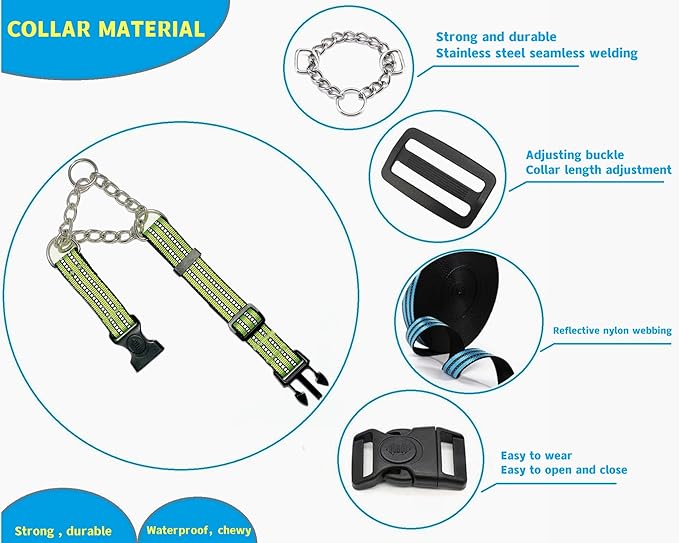Martingale Collars for Dogs, Heavy Duty Stainless Steel Chain Training Collar, Reflective Nylon Adjustable Collar with Quick Release Buckle, Suitable for Puppy Medium Large Dogs (Green, XS)