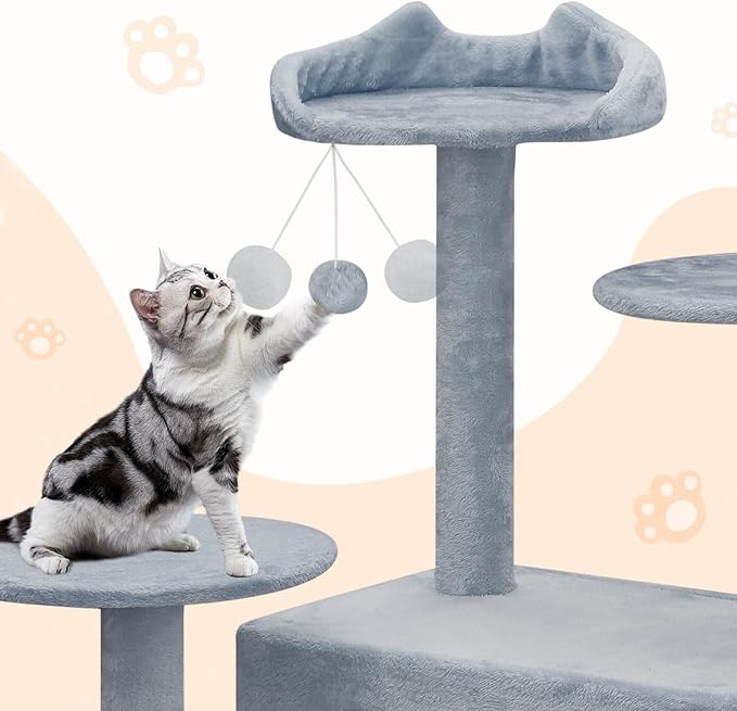 Tall Cat Tree with Scratching Post, 2 Cat Condos and Ladder, Cat Tower for Indoor Cats Kittens Climbing Tower with Anti-Tipping Rope, 77 Inch, Light Gray