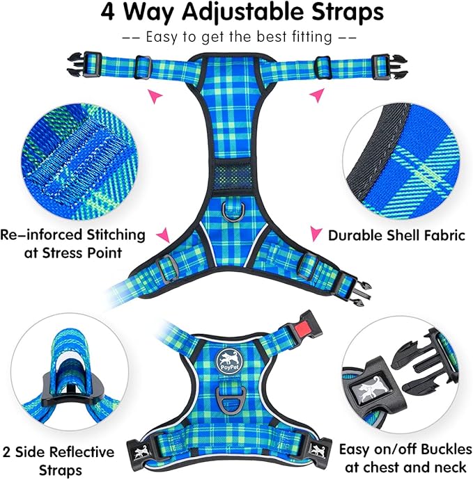 PoyPet No Pull Dog Harness, Reflective Adjustable No Choke Pet Vest with Front & Back 2 Leash Attachments, Soft Control Training Handle for Small Medium Large Dogs(Checkered Blue & Green,XL)