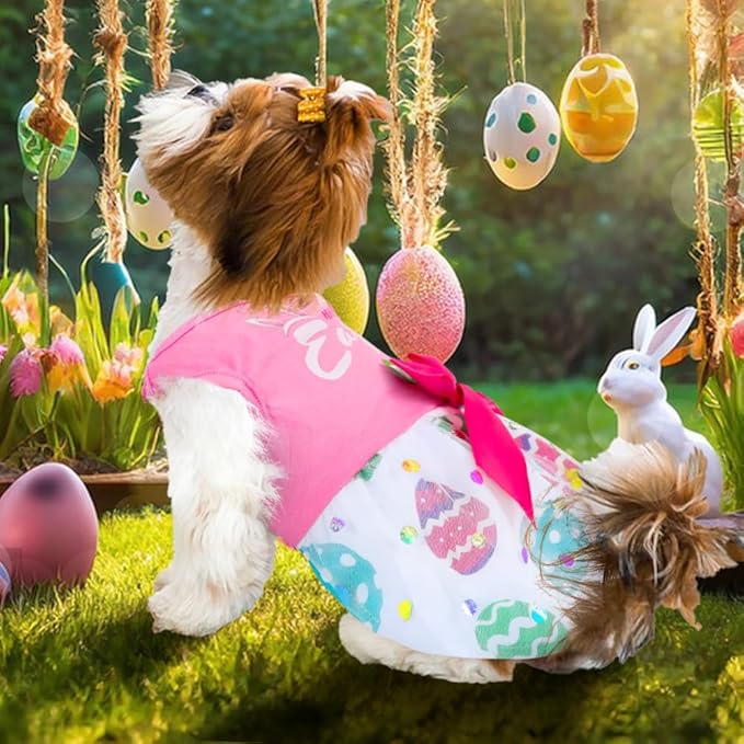 Dog Dress Girl Dog Dresses with Bowknot Tulle Princess Pet Clothes for Small Medium Large Dogs Girls Boys Cats Outfit Apparel (Large, Happy Easter)