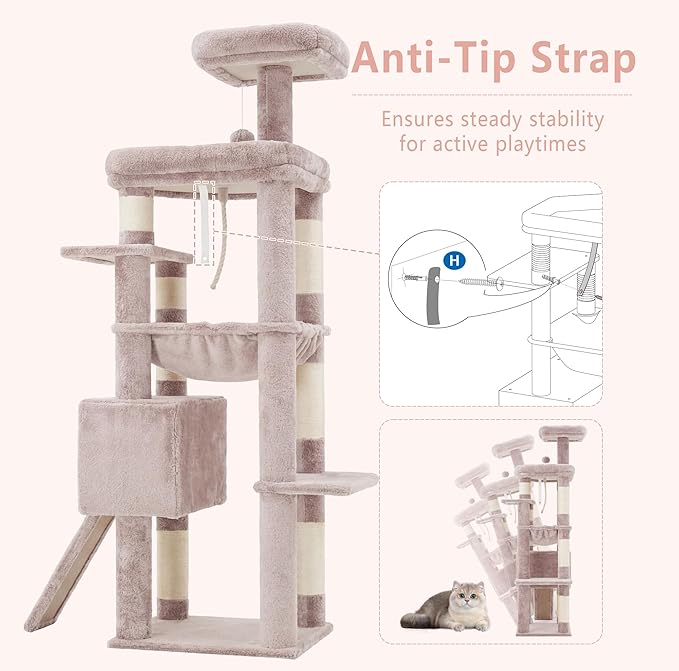 Heybly Heavy Duty Cat Tree, 64.2-Inch Tall Tower for Large Indoor Cats with Widened Structure, Cat Furniture with Big Platforms, Extra-Large Hammock, Sisal Scratching Posts & Board, Muchroom HCT027MU