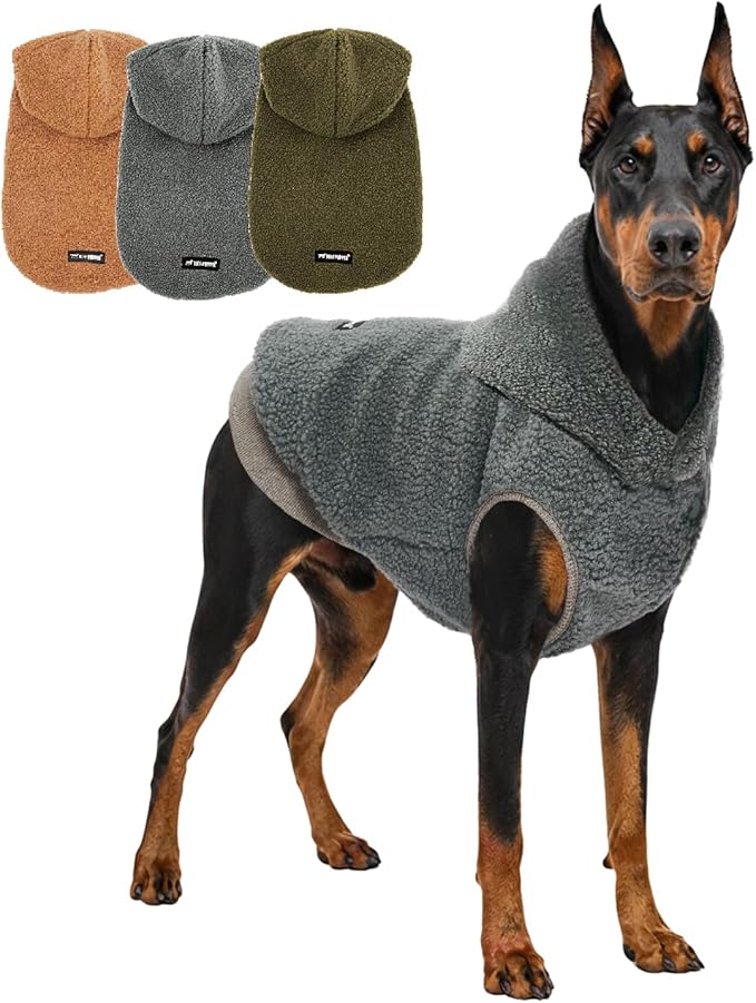 Tuff Pupper Fleece Dog Hoodie Sweater | Teddy Sherpa Outer & Soft Polar Fleece Lining | Adjustable Fit Winter Coat with Hood, Leash Hole, Ribbed Cuffs | for Small Medium Large XL XXL Dogs (Grey, XXL)