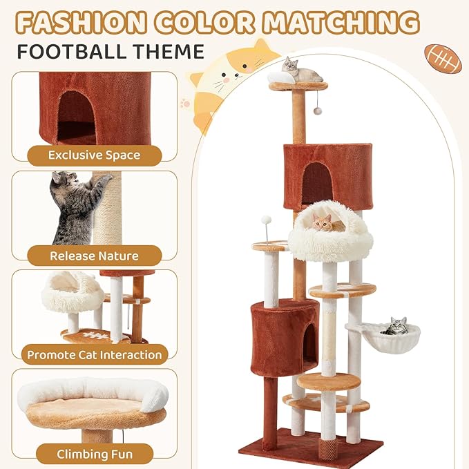 Erinnyees 74" Extra Large Football Cat Tree Tower for Indoor Cats, Multi-Level Sports Themed Cat Condo with Sisal Scratching Posts & Hammocks, Heavy Duty Tall Pet Furniture Gifts for Fans