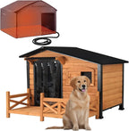 Heated Dog House for Outdoor Use with Matel Frame, Waterproof Design & Heating Blanket - All-Weather Wooden Kennel with Sliding Window & Metal Frame (Wood-H, L)