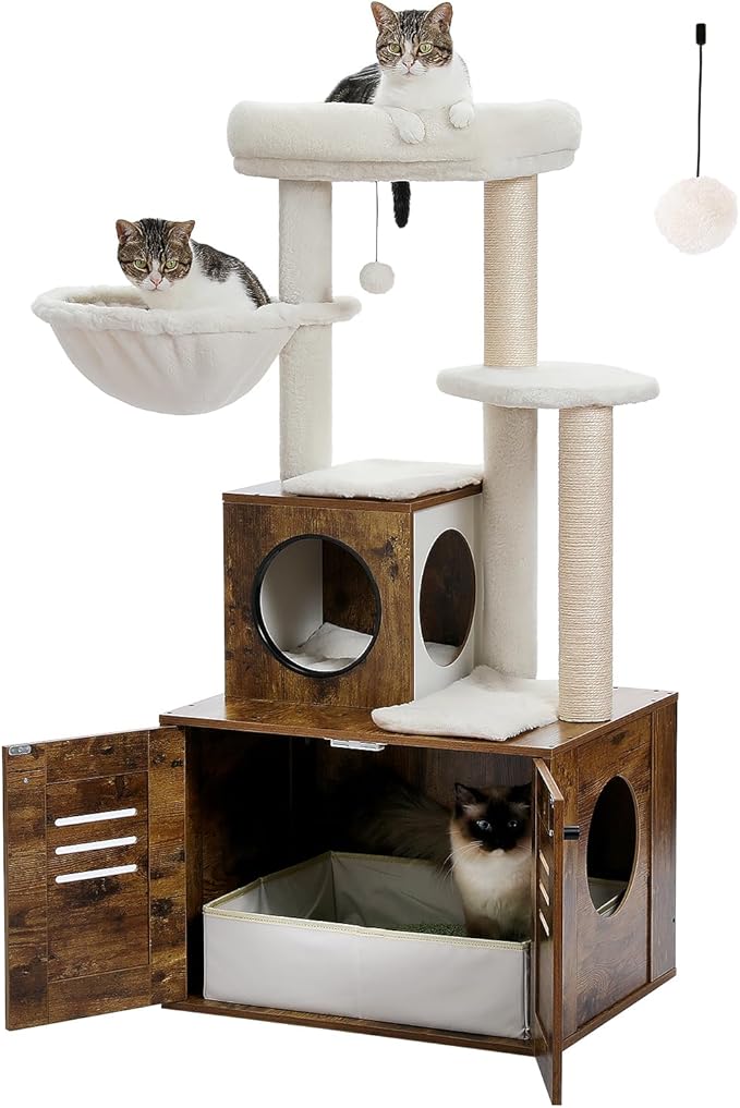 Cat Tree with Litter Box Enclosure, 50" Modern Cat Tree for Large/Fat Cats with Cat Condo, Wooden Cat Furniture with Large Hammock and Top Perch, Rustic Brown