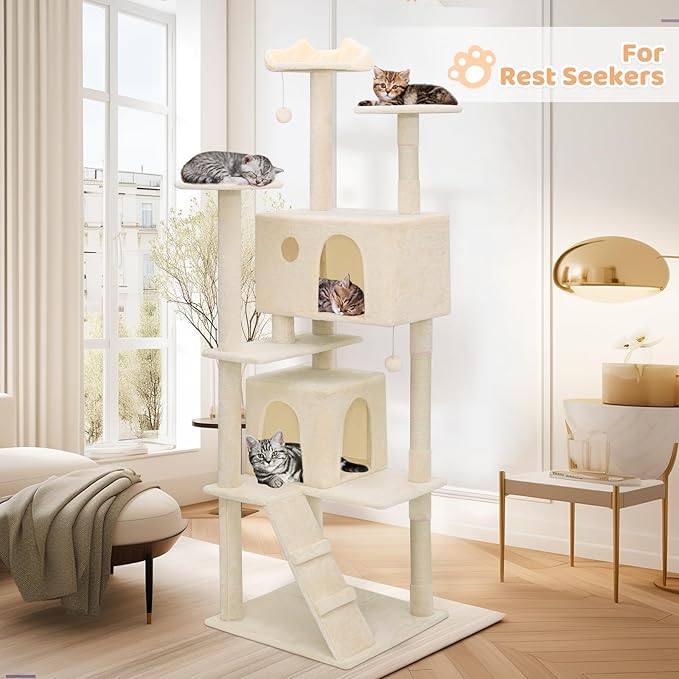 Tall Cat Tree with Scratching Post, 2 Cat Condos and Ladder, Cat Tower for Indoor Cats Kittens Climbing Tower with Anti-Tipping Rope, 77 Inch, Beige