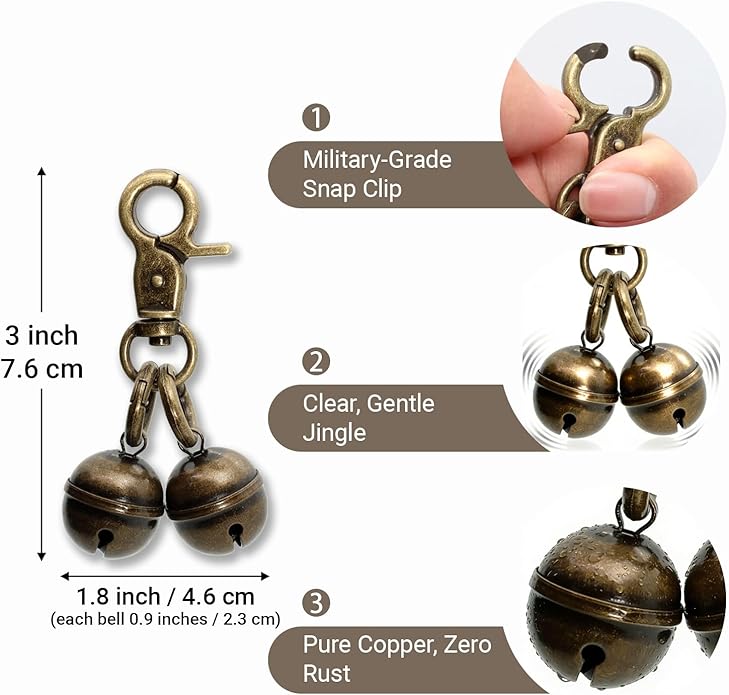 Copper Bells for Dog Collars with Snap Clips - Dog Bells to Go Outside,Made of Pure Copper for Dogs/Cat - Clear Sound & No Rust - Know Where Your Pet
