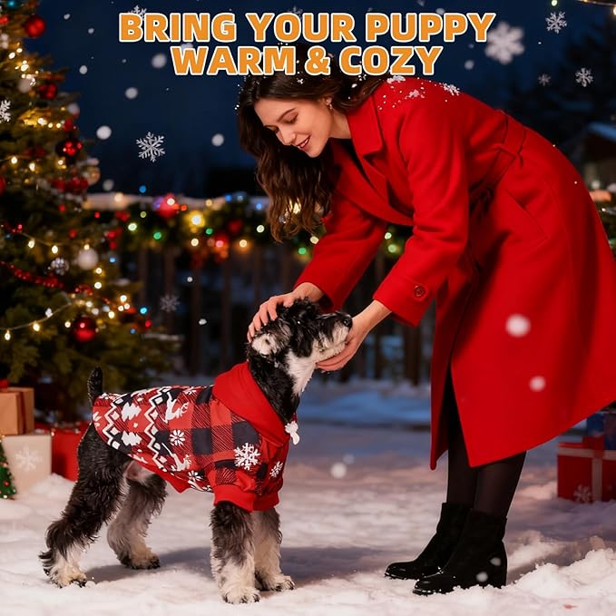 KOOLTAIL Christmas Dog Hoodie, Red Plaid Pet Sweater, Hat Hooded Sweatshirt Dog Clothes for Small Medium Large Dogs Cats, Soft Warm Winter Cold Weather Coat with Leash Hole&Pocket,Reindeer Snowflake,S