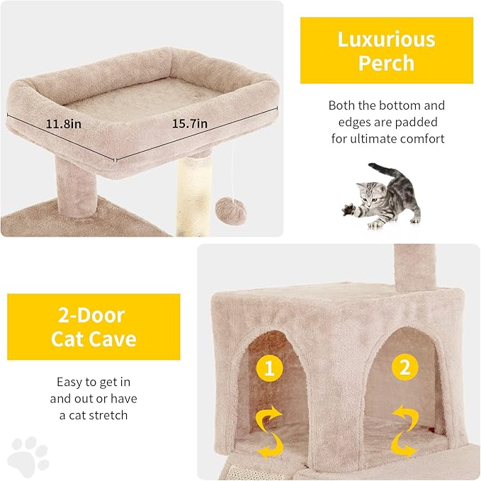 BestPet 36 inches Cat Tree for Indoor Cats Cat Tower with Scratching Posts Multi-Level Cat Furniture Condo with Ramp, Perch Spacious Cat Cave & Funny Toys for Kittens House,Beige