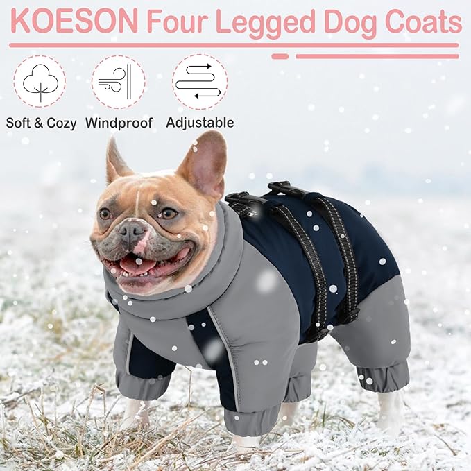 KOESON Four Legged Winter Coat, Warm Small Dog Jacket with Adjustable Buckles, Turtleneck Windproof Dog Fleece Jackets Reflective Fullbody Snowsuit Puffer Coat Blue Grey XS