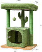 SYANDLVY 27" Cactus Cat Tree for Indoor Cats, Green Activity Tower with Scratching Posts, Modern Kitten Condo with Plush Perch & Hanging Ball for Play