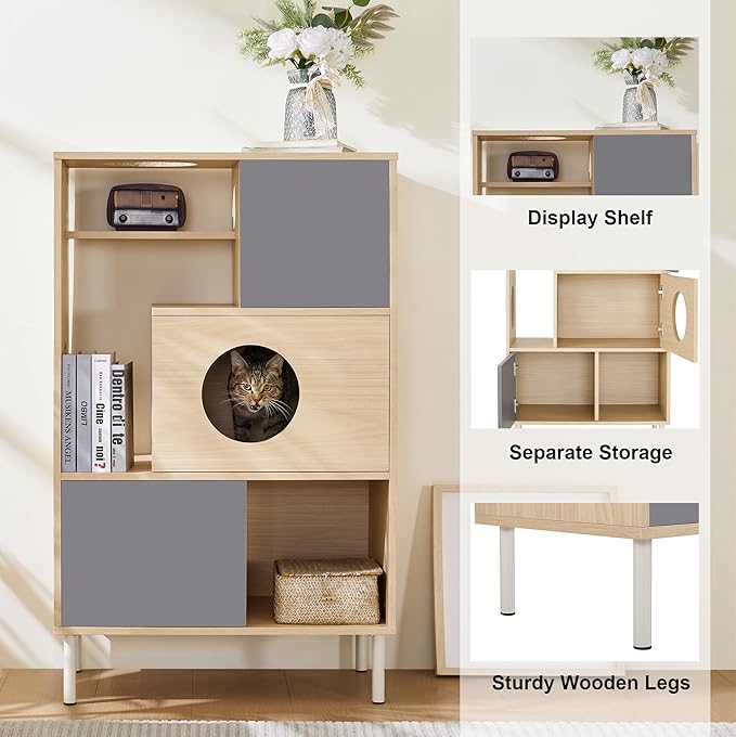 Modern 2-in-1 Cat Tree Bookshelf with Hidden Litter Enclosure - Space-Saving Wood Design, Multi-Level Cat Shelves & Storage, Natural + Grey Finish for Indoor Use