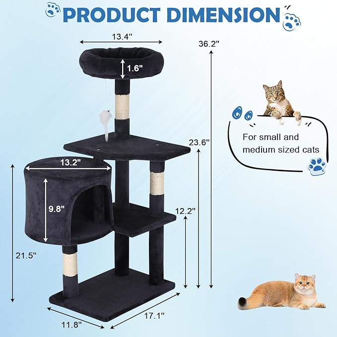 Cat Tree 36 Inch Cat Tower for Indoor Cats with Scratching Post,Padded Perch,Hanging Toys for Kittens & Adult Cats,Beige (Dark Gray)