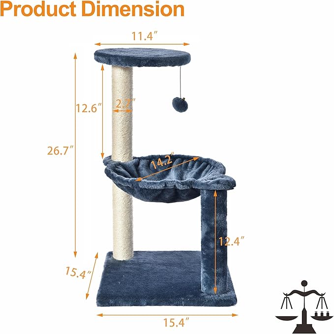 3-Level Cat Tower with Hammock and Sisal Post, 26.7 inch, Blue