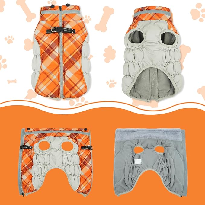 Lelepet Warm Dog Winter Coat Dog Coats for Small Dogs Waterproof Dogs Jacket with Harness Built in Reflective Cold Weather Coats Windproof Zip-Up Winter Fleece Vest Snowsuit Yorkie Orange Plaid S