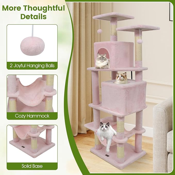 PETSITE 57-inch Modern Cat Tree, Multi-Level Cat Tower with 2 Comfy Condos, Sisal Scratching Posts, Plush Top Perch, Snug Hammock, and Dangling Balls, Ideal for Indoor Cats and Kittens (Pink)
