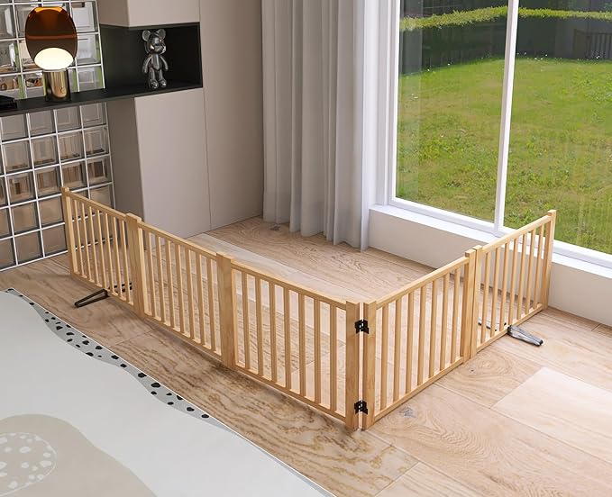 YOCAN Paint-Free Wooden Freestanding Dog Gates for The House,Doorways, Stairs,Wood Dog Fences Indoor Pet Gate,Step Over Fence, 5 Panel H:16.9''