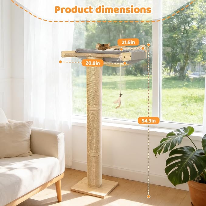 54.3" Cat Window Perch with 3 Adjustable Roman Column Sisal Posts, Gray Fluffy Cusion, Drill-Free Suction Cups, Multi-Level Bird Watching Perch, 60 lbs Capacity