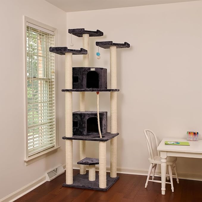 Tall Cat Tree - Multi-Level Cat Tower with Sisal & Condo - 82" Gray