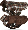 VIVAGLORY Softjoy Dog Coat, Dog Jacket for Winter & Christmas, Coat with Harness Hole, Reversible Plaid Checkered Warm Fluffy Heavy Duty for Puppy, XS, Coffee