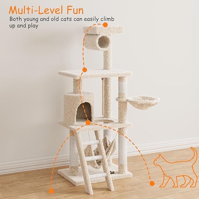 71 Inch Cat Tree Tower, Muti-Level Cat Condo with Sisal Scratching Posts and Padded Plush Perch, Cat Climbing Frame, Cat House Furniture with Play Fish for Indoor Large Cats, Yellow