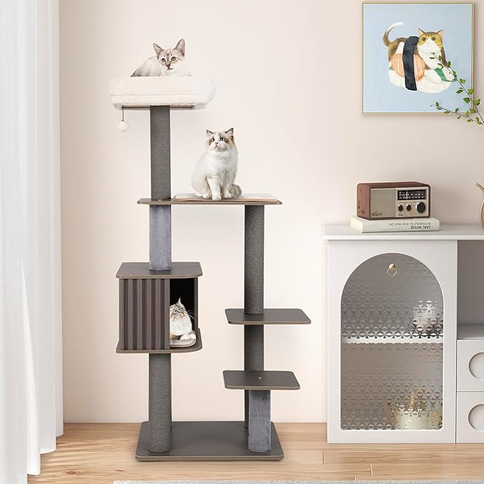 PETSITE 59.5 Inches Modern Cat Tree, Multi-Level Cat Tower with Scratching Posts, Large Condo with Removable Pad, Cushioned Soft Top Perch, and Interactive Dangling Ball (Grey)