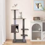 PETSITE 59.5 Inches Modern Cat Tree, Multi-Level Cat Tower with Scratching Posts, Large Condo with Removable Pad, Cushioned Soft Top Perch, and Interactive Dangling Ball (Grey)