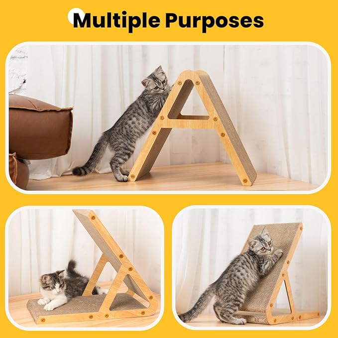 A-Frame Cat Scratching Board, Recycled Cardboard & Wood Frame, Dual-Sided Vertical Horizontal Cat Scratcher for Indoor Kittens, Space-Saving Furniture Protector for Sofa Walls-Light Wood, Small
