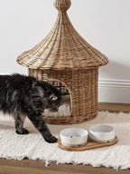 LE TAUCI PET Dog and Cat Bowl Set with Acacia Wood Tray - 2 Cup Ceramic Puppy Bowls for Cats &Small Dogs, Dual Food and Water Bowls with Weighted Non-Slip Base