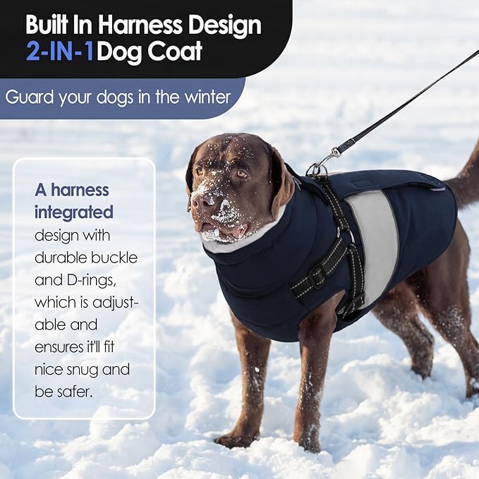 AOFITEE Dog Coat Warm Dog Winter Coat, Waterproof Dogs Jacket with Harness, Dogs Snow Jacket Snowsuit with Zipper & Furry Collar, Reflective Windproof Pet Sweater for Cold Weather, French Bulldog, L