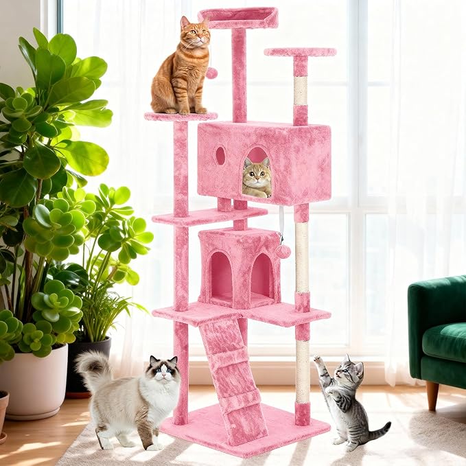 BestOffice 70 Inch Cat Tree, Multi-Level Cat Tower with Condo, Perches, Sisal Scratching Posts, Climbing Ladder,Indoor Activity Center Play House for Kittens & Adult Cats,Pink