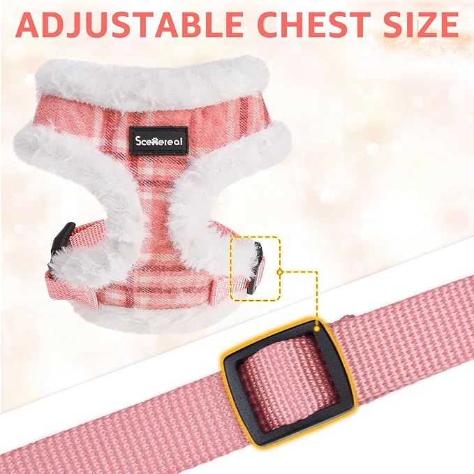 SCENEREAL Small Dog Harness Collar and Leash Set, Mesh Plush No Pull Puppy Vest Harness, Warm Fleece No Chock Small Pet Halter for Outdoor Walking Training, Pink Plaid S