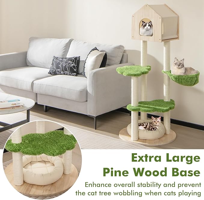 Tangkula Cat Tree Tower, Multi-Level Modern Wood Cat Tower with Sisal Scratching Posts, Jumping Platforms, Perch, Hammock, Cute Cat Condo, Tall Cat Tree for Indoor Cats Large Adult (55 Inch)