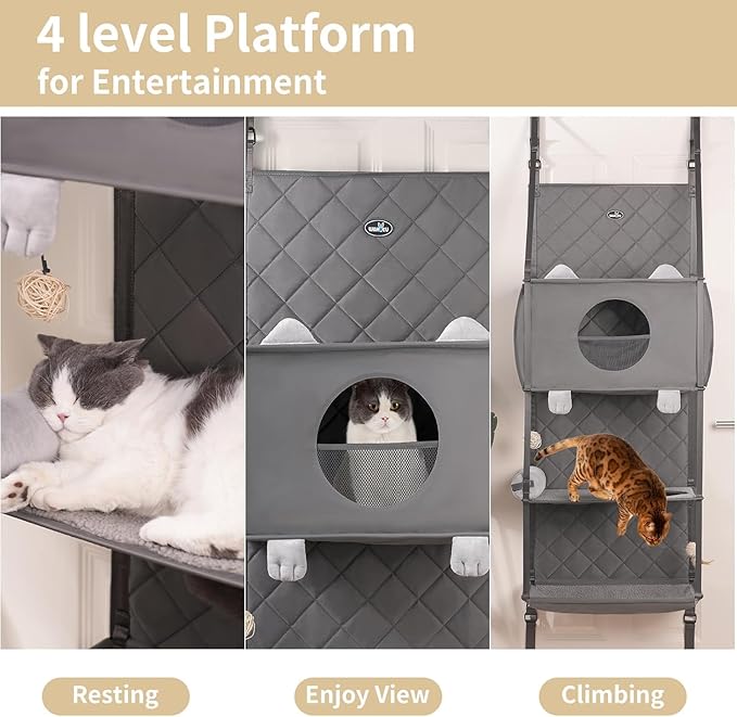 Hanging Cat Tree - Door Mounted Climber Cat Wall Cat Hammock for Indoor, Hanging/Elevated Bed - 4 Story with Removable Pillow, Roller Blind and Ball Toy
