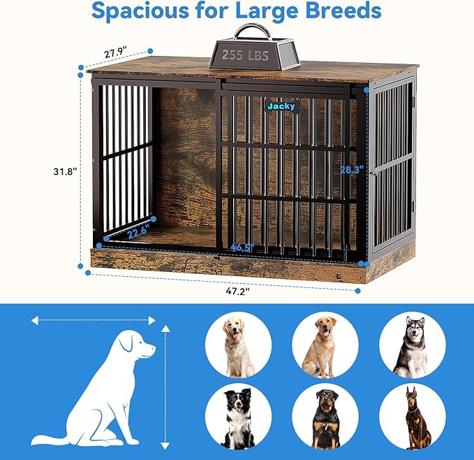 Petrova 47" Dog Crate Furniture with Name Tag, Heavy Duty Dog Kennel Indoor for Large/Medium Dogs, Wooden Dog Cage with Sliding Door, Decorate House as TV Stand, End Table, Rustic Brown