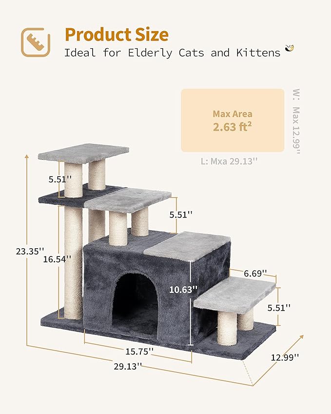 4-Tier Cat Stairs for High Bed with 22'' Cat Scratching Post, Pet Steps for Doggies Rabbit Ferret, Adjustable Cat Cave, Grey, Extra Large