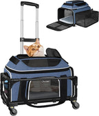 Petskd Top and Side Expandable Pet Carrier with Wheels 17x12x8.5 Inches JetBlue Frontier Spirit Airline Approved, Soft-Sided Carrier for Small Cats and Dogs with Locking Safety Zippers(Blue)