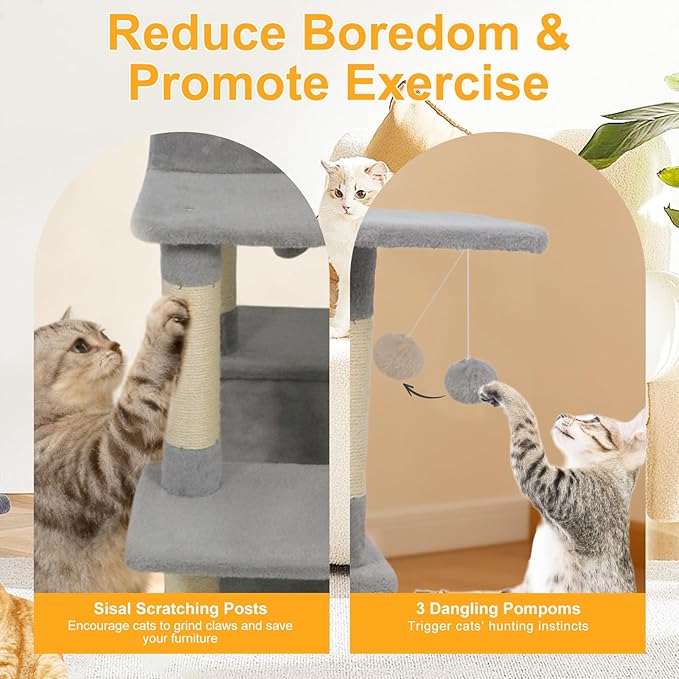 DORTALA Cat Tree for Indoor Cats, 58" Tall Cat Tower with Top Perch, Condo, Hammock, Sisal Scratching Posts, 3 Dangling Balls, Platforms, Multi-Level Pet Climbing Furniture Playground (Light Grey)