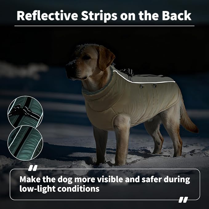 IDOMIK Warm Dog Coat with Harness, Waterproof Reflective Dog Jackets for Small Medium Large Dogs, Fleece High Collar Winter Jacket with Zipper, Pet Winter Snowsuit Clothes for Cold Weather,Khaki S