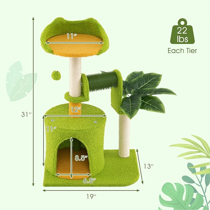 Tangkula Palm Small Cat Tree, Cute Cat Tower with Sisal Scratching Posts, Top Perch, Condo, Self Groomer & Dangling Ball, Unique Cat Tree Tower with Green Leaves for Indoor Cats