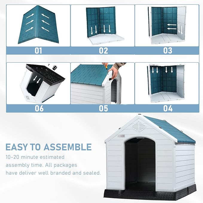 LEMBERI Durable Waterproof Plastic Dog House for Small to Large Sized Dogs, Indoor Outdoor Doghouse Insulated Puppy Shelter with Elevated Floor, Easy to Assemble (Blue, 42''L*38''W*39''H)