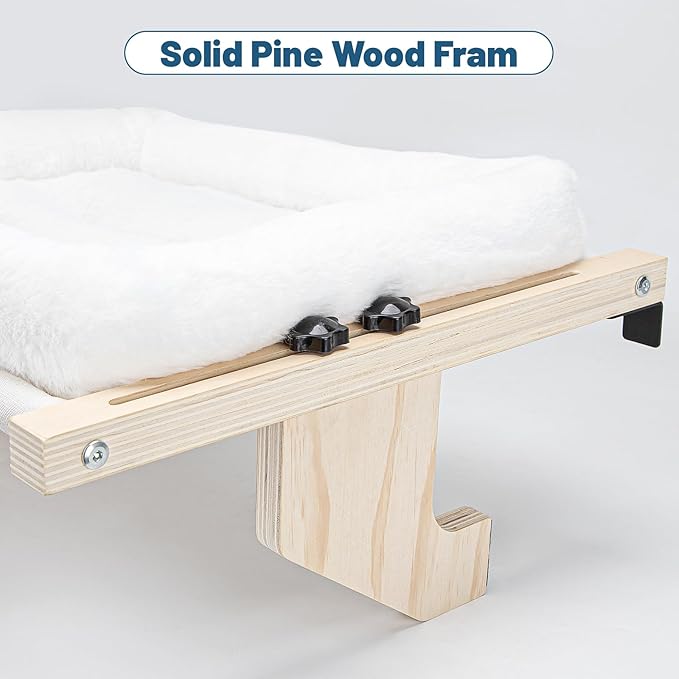 Cat Sill Window Perch - 100% Natural Pine Frame, Soft Rabbit Fur Cushion, Tool-Free Adjustment, Supports 40 lbs (Medium-White)