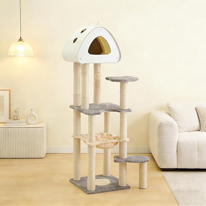Cat Tree Tower, 56.3-Inch Multi-Level Cat Tree for Indoor Cats with Scratching Posts, Condos, Plush Perches, Hanging Cat Toy, Cute Cat Tree for Kittens & Adult Cats, Grey