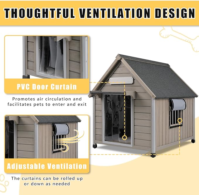 Large Dog House Outdoor, Wooden Indoor Dog House Kennel with Waterproof Roof, Chew-Proof Iron Frame, Doghouse Puppy Shelter for Medium Large Dogs, 30.5''x37.4''x39.3''