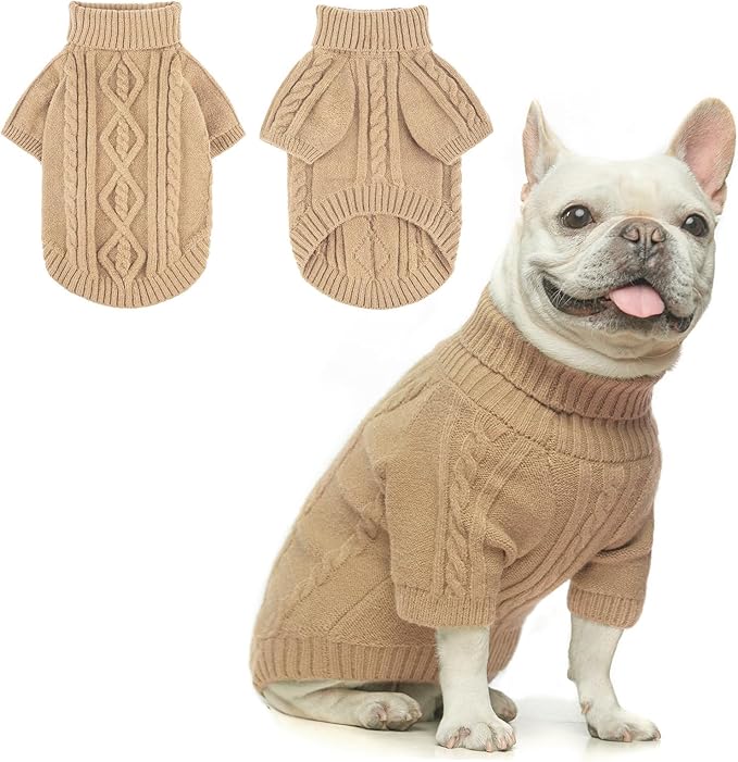 BEAUTYZOO Small Dog Sweater-Dog Sweatshirt Pullover Cable Knit Wear Classic Turtleneck Thick Cold Weather Clothes for Small Dogs, Medium Dogs, Puppies,Khaki Cable M (Back: 16", Chest: 21", Neck: 13")