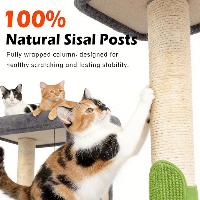 Cat Scratching Post Small Cat Tree with Cat Self Groomer, 17.3x13.4” Wide Top Bed, Natural Scratch Post and Danging Ball Great for Kittens and Average Indoor Cats-Grey