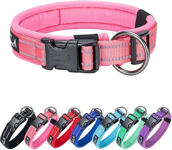 EXCELLENT ELITE SPANKER Reflective Dog Collar Classic Soft Padded Breathable Nylon Adjustable Pet Collar with Quick Release Buckle for Boy Girl Male Female Small Medium Large Dogs Training(Pink-M)